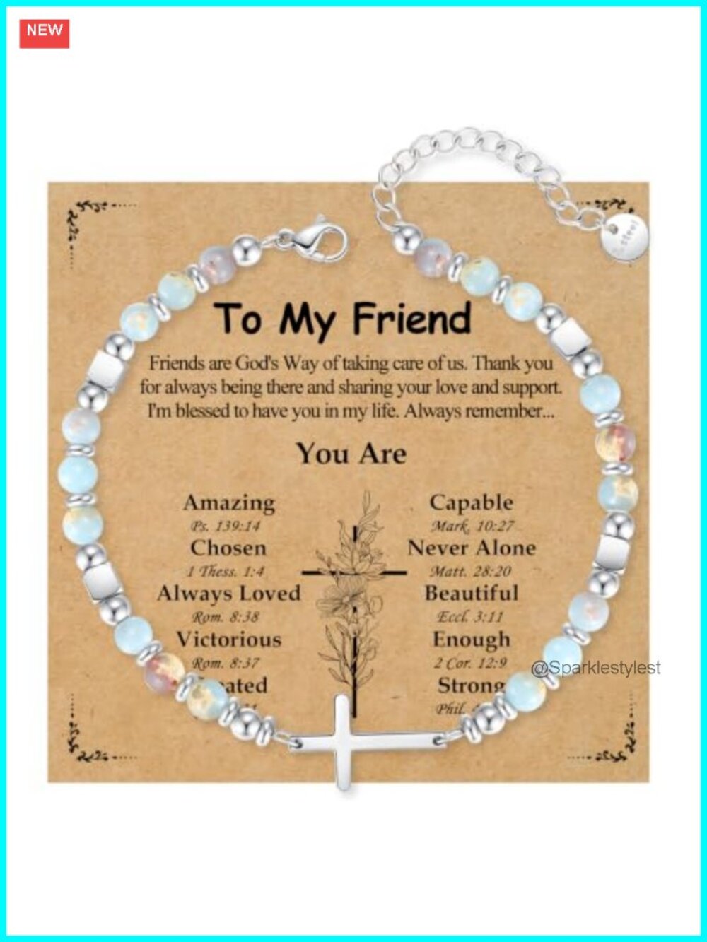 Natural Stone Beaded Cross Bracelet Stainless Steel Adjustable Christian Gift